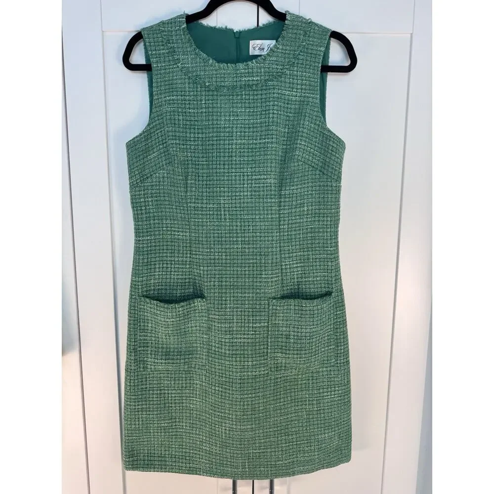 Eliza J Green Tweed Sheath Dress Sleeveless Pocket Career Cocktail Dress Size 8